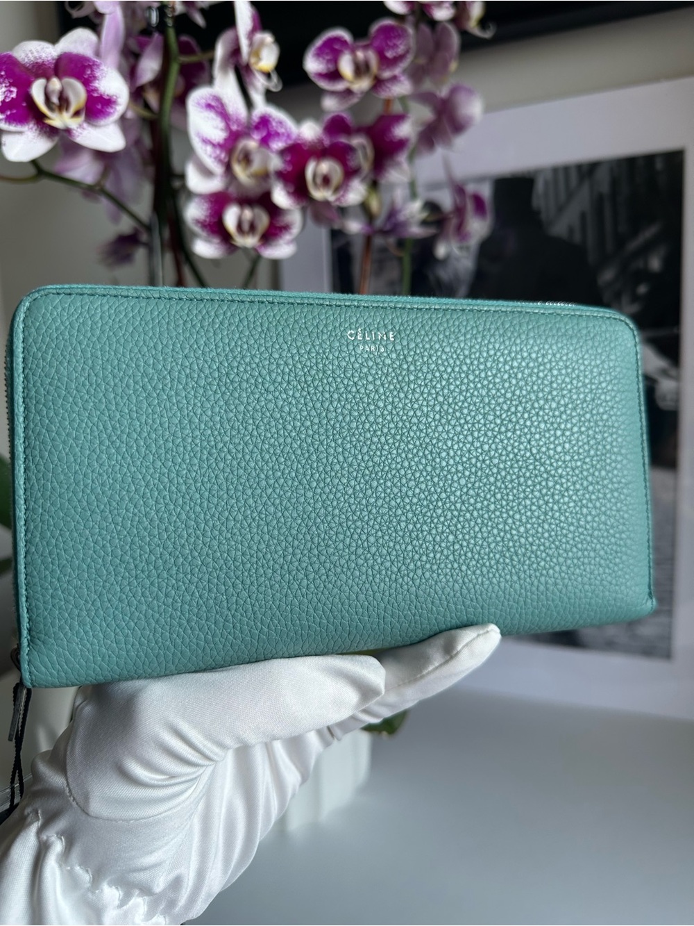Authentic CÉLINE Phoebe Philo Large Zip Around Wallet Turquoise Grained Calfskin